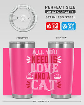 All You Need Is Love Style 27# Cat Tumbler in stainless steel with a vibrant design, perfect for hot and cold beverages.