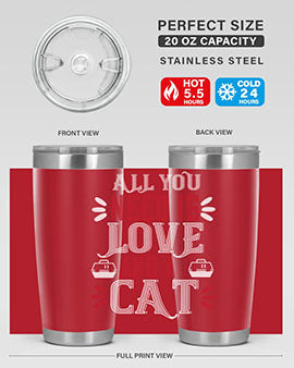 All You Need Is Love Style 27# Cat Tumbler in stainless steel with a vibrant design, perfect for hot and cold beverages.