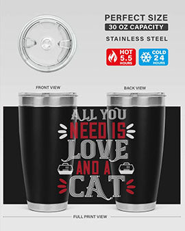 All You Need Is Love Style 27# Cat Tumbler in stainless steel with a vibrant design, perfect for hot and cold beverages.