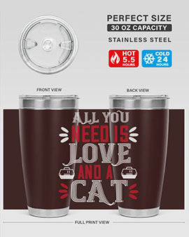 All You Need Is Love Style 27# Cat Tumbler in stainless steel with a vibrant design, perfect for hot and cold beverages.
