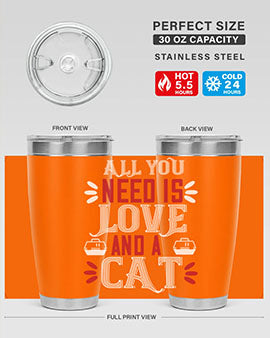 All You Need Is Love Style 27# Cat Tumbler in stainless steel with a vibrant design, perfect for hot and cold beverages.