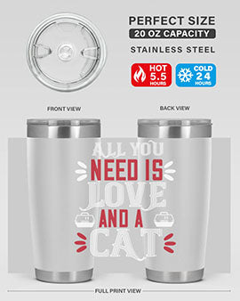 All You Need Is Love Style 27# Cat Tumbler in stainless steel with a vibrant design, perfect for hot and cold beverages.