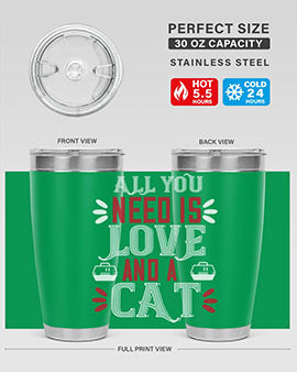 All You Need Is Love Style 27# Cat Tumbler in stainless steel with a vibrant design, perfect for hot and cold beverages.