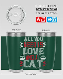 All You Need Is Love Style 27# Cat Tumbler in stainless steel with a vibrant design, perfect for hot and cold beverages.