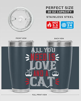 All You Need Is Love Style 27# Cat Tumbler in stainless steel with a vibrant design, perfect for hot and cold beverages.