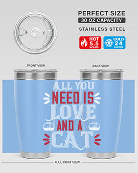 All You Need Is Love Style 27# Cat Tumbler in stainless steel with a vibrant design, perfect for hot and cold beverages.