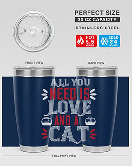 All You Need Is Love Style 27# Cat Tumbler in stainless steel with a vibrant design, perfect for hot and cold beverages.