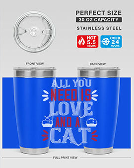 All You Need Is Love Style 27# Cat Tumbler in stainless steel with a vibrant design, perfect for hot and cold beverages.