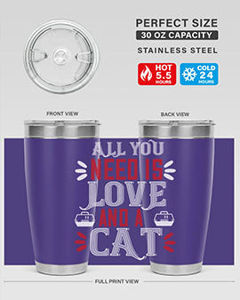 All You Need Is Love Style 27# Cat Tumbler in stainless steel with a vibrant design, perfect for hot and cold beverages.