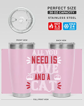 All You Need Is Love Style 27# Cat Tumbler in stainless steel with a vibrant design, perfect for hot and cold beverages.