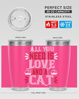 All You Need Is Love Style 27# Cat Tumbler in stainless steel with a vibrant design, perfect for hot and cold beverages.