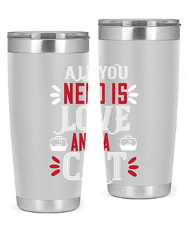 All You Need Is Love Style 27# Cat Tumbler in stainless steel with a vibrant design, perfect for hot and cold beverages.