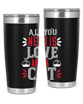 All You Need Is Love Style 27# Cat Tumbler in stainless steel with a vibrant design, perfect for hot and cold beverages.