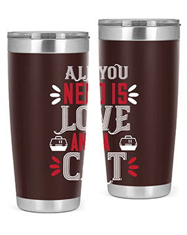 All You Need Is Love Style 27# Cat Tumbler in stainless steel with a vibrant design, perfect for hot and cold beverages.