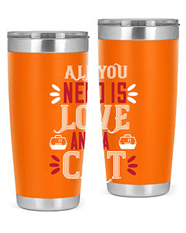 All You Need Is Love Style 27# Cat Tumbler in stainless steel with a vibrant design, perfect for hot and cold beverages.