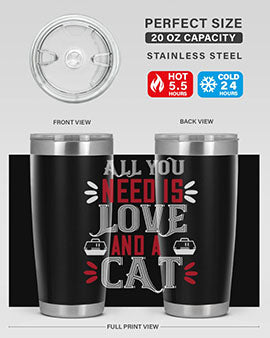 All You Need Is Love Style 27# Cat Tumbler in stainless steel with a vibrant design, perfect for hot and cold beverages.