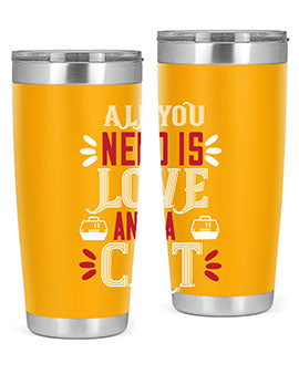 All You Need Is Love Style 27# Cat Tumbler in stainless steel with a vibrant design, perfect for hot and cold beverages.