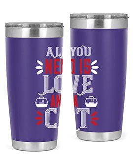 All You Need Is Love Style 27# Cat Tumbler in stainless steel with a vibrant design, perfect for hot and cold beverages.