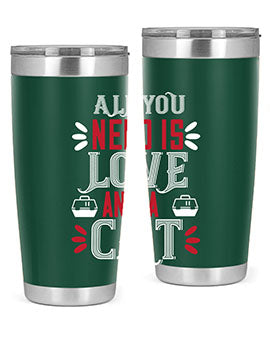 All You Need Is Love Style 27# Cat Tumbler in stainless steel with a vibrant design, perfect for hot and cold beverages.