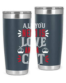 All You Need Is Love Style 27# Cat Tumbler in stainless steel with a vibrant design, perfect for hot and cold beverages.