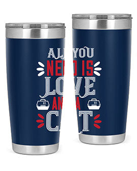 All You Need Is Love Style 27# Cat Tumbler in stainless steel with a vibrant design, perfect for hot and cold beverages.