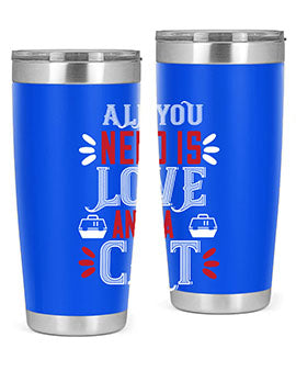 All You Need Is Love Style 27# Cat Tumbler in stainless steel with a vibrant design, perfect for hot and cold beverages.