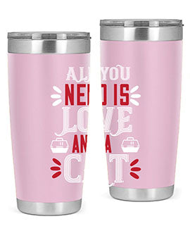 All You Need Is Love Style 27# Cat Tumbler in stainless steel with a vibrant design, perfect for hot and cold beverages.