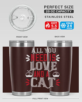 All You Need Is Love Style 27# Cat Tumbler in stainless steel with a vibrant design, perfect for hot and cold beverages.