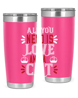All You Need Is Love Style 27# Cat Tumbler in stainless steel with a vibrant design, perfect for hot and cold beverages.