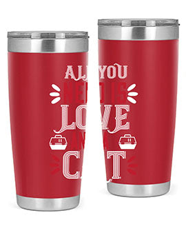 All You Need Is Love Style 27# Cat Tumbler in stainless steel with a vibrant design, perfect for hot and cold beverages.