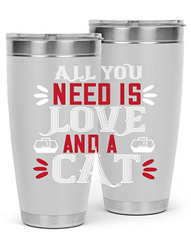 All You Need Is Love Style 27# Cat Tumbler in stainless steel with a vibrant design, perfect for hot and cold beverages.