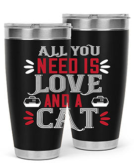 All You Need Is Love Style 27# Cat Tumbler in stainless steel with a vibrant design, perfect for hot and cold beverages.