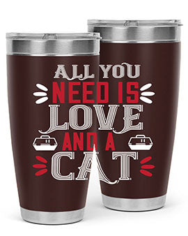 All You Need Is Love Style 27# Cat Tumbler in stainless steel with a vibrant design, perfect for hot and cold beverages.