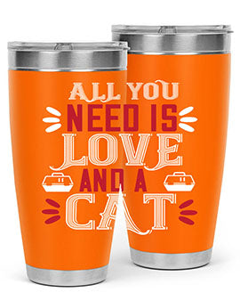 All You Need Is Love Style 27# Cat Tumbler in stainless steel with a vibrant design, perfect for hot and cold beverages.