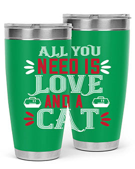 All You Need Is Love Style 27# Cat Tumbler in stainless steel with a vibrant design, perfect for hot and cold beverages.