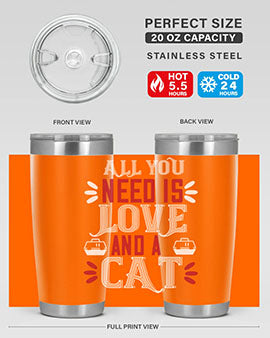 All You Need Is Love Style 27# Cat Tumbler in stainless steel with a vibrant design, perfect for hot and cold beverages.