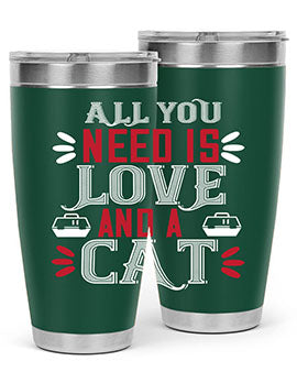 All You Need Is Love Style 27# Cat Tumbler in stainless steel with a vibrant design, perfect for hot and cold beverages.