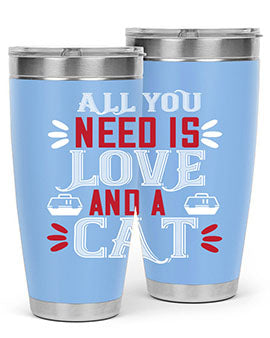 All You Need Is Love Style 27# Cat Tumbler in stainless steel with a vibrant design, perfect for hot and cold beverages.