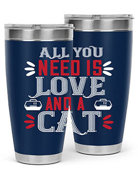 All You Need Is Love Style 27# Cat Tumbler in stainless steel with a vibrant design, perfect for hot and cold beverages.