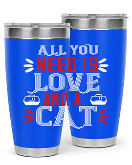 All You Need Is Love Style 27# Cat Tumbler in stainless steel with a vibrant design, perfect for hot and cold beverages.