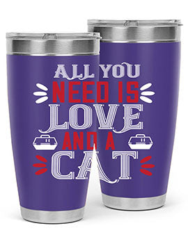 All You Need Is Love Style 27# Cat Tumbler in stainless steel with a vibrant design, perfect for hot and cold beverages.