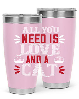 All You Need Is Love Style 27# Cat Tumbler in stainless steel with a vibrant design, perfect for hot and cold beverages.