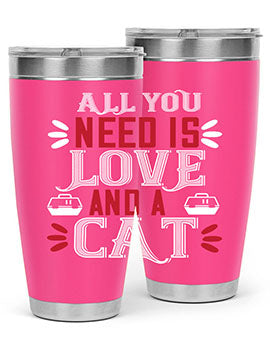 All You Need Is Love Style 27# Cat Tumbler in stainless steel with a vibrant design, perfect for hot and cold beverages.
