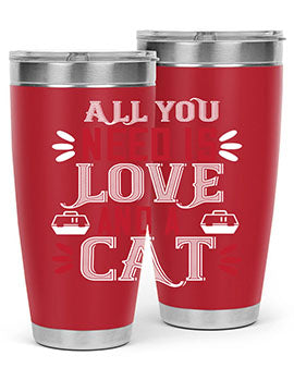 All You Need Is Love Style 27# Cat Tumbler in stainless steel with a vibrant design, perfect for hot and cold beverages.