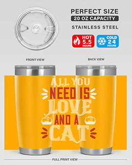 All You Need Is Love Style 27# Cat Tumbler in stainless steel with a vibrant design, perfect for hot and cold beverages.
