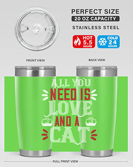 All You Need Is Love Style 27# Cat Tumbler in stainless steel with a vibrant design, perfect for hot and cold beverages.