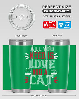 All You Need Is Love Style 27# Cat Tumbler in stainless steel with a vibrant design, perfect for hot and cold beverages.