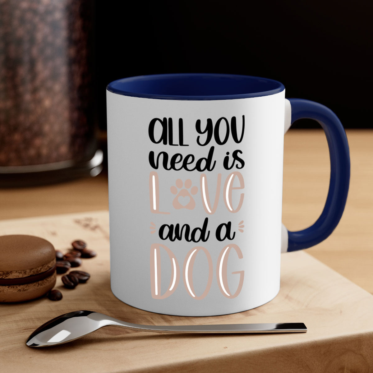 All You Need Is Love Style 36# Dog Mug with colorful handle and glossy finish, available in multiple colors and sizes.