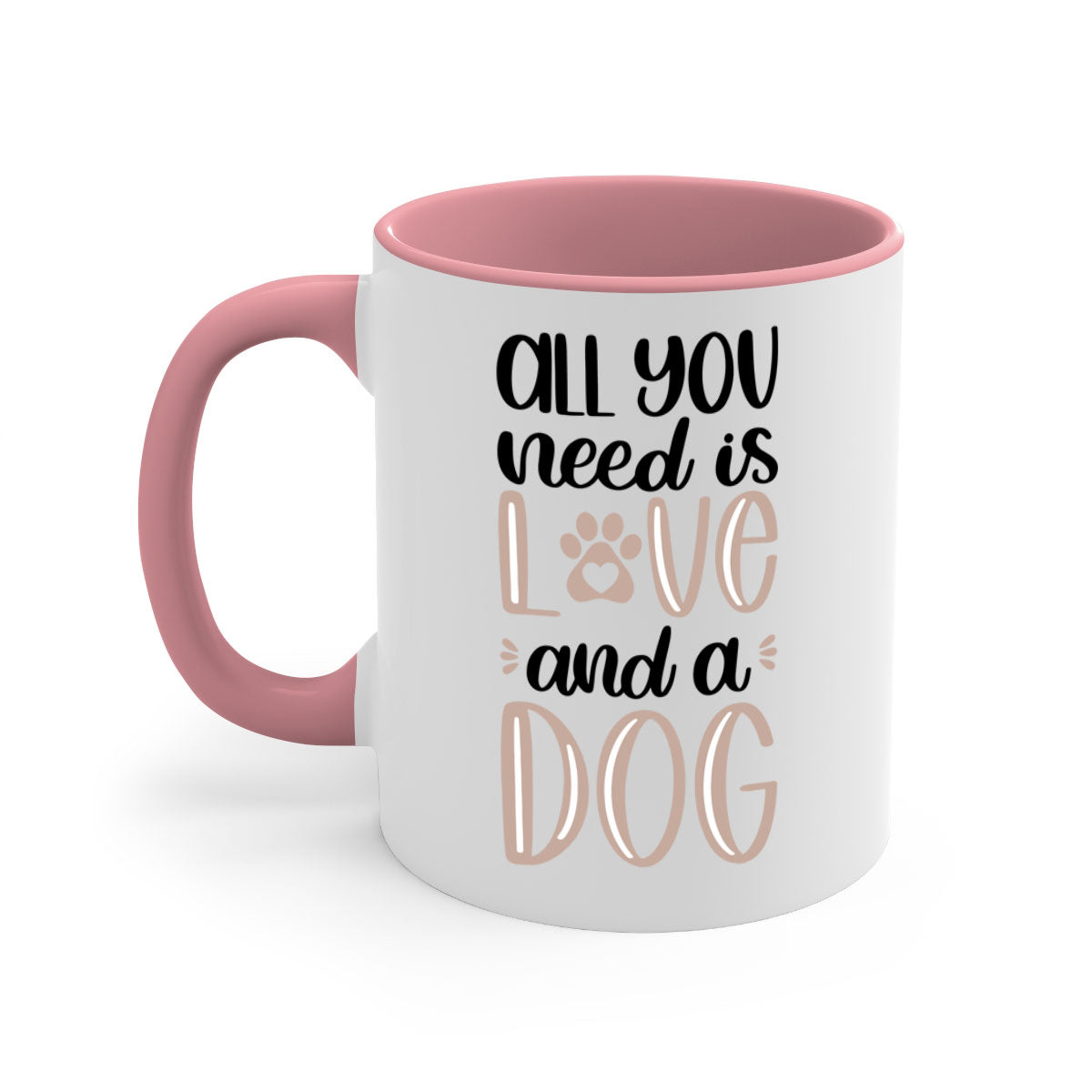 All You Need Is Love Style 36# Dog Mug with colorful handle and glossy finish, available in multiple colors and sizes.
