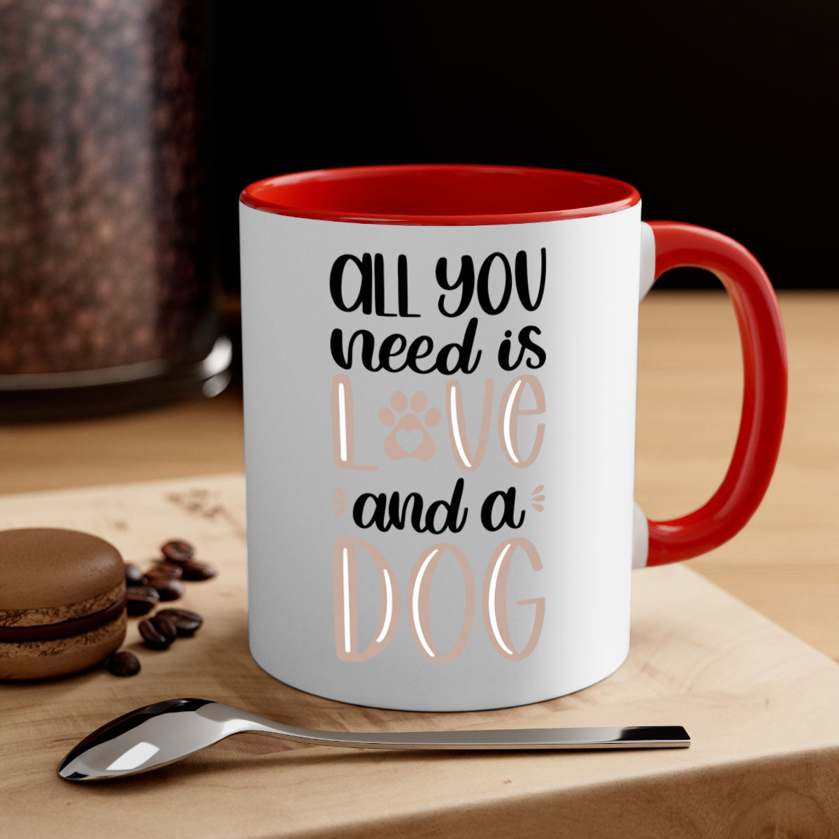 All You Need Is Love Style 36# Dog Mug with colorful handle and glossy finish, available in multiple colors and sizes.